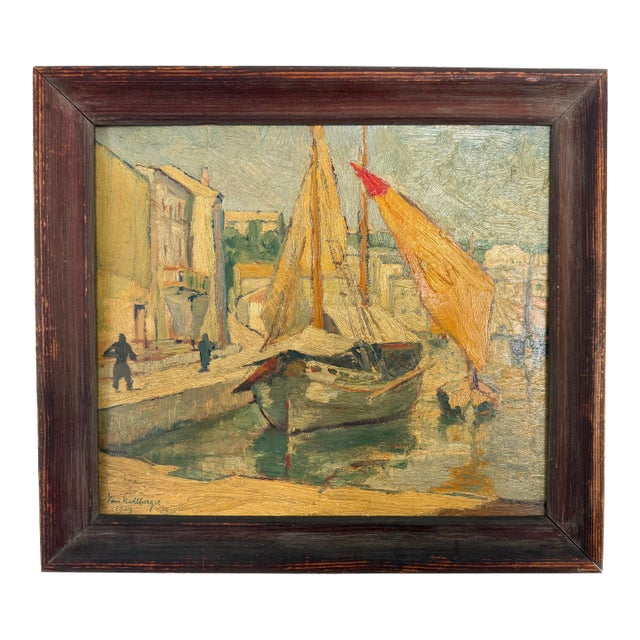Harbor Scene Painting Dated 1929 For Sale