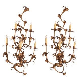 Large 1950s Italian Gilt Iron Floral Sconces - a Pair For Sale