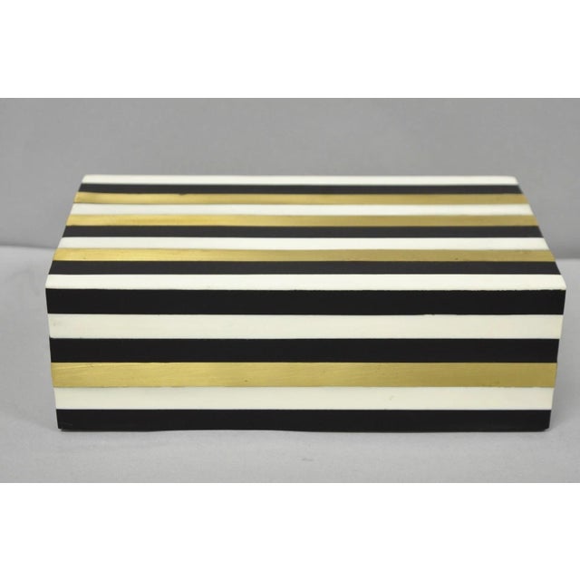 Modern Black, White & Gold Bone & Brass Inlay Covered Jewelry Trinket Box by Current Home. Circa Late 20th Century....