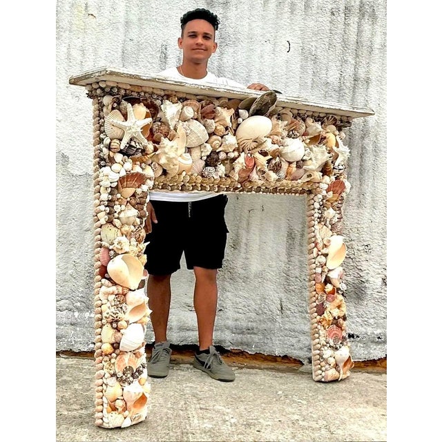 Folk Art Vintage Boho Shell Encrusted Fireplace Surround For Sale - Image 3 of 12