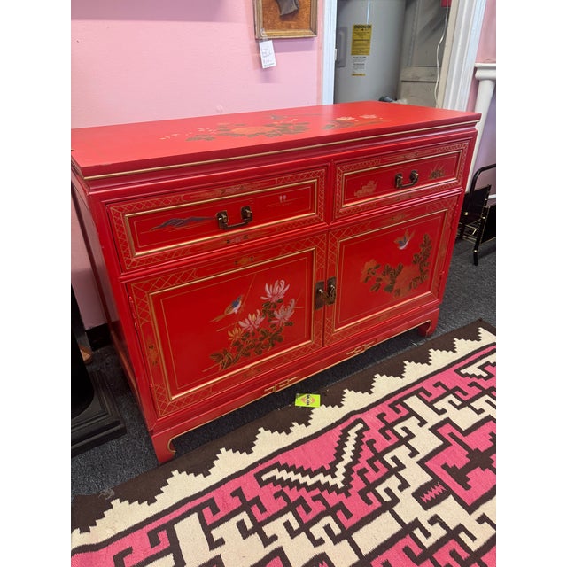 Hand Painted Red Lacquered Chinoiserie Cabinet For Sale - Image 12 of 12