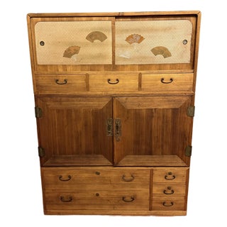 Vintage Japanese Tansu Chest Stacking Cabinet With Fan Motif Sliding Doors For Sale