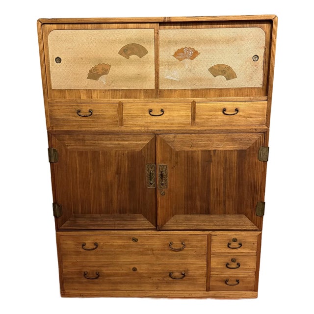 Vintage Japanese Tansu Chest Stacking Cabinet With Fan Motif Sliding Doors For Sale