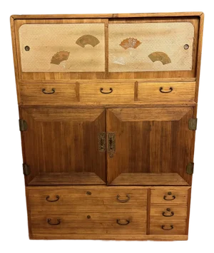 Vintage Japanese Tansu Chest Stacking Cabinet With Fan Motif Sliding Doors