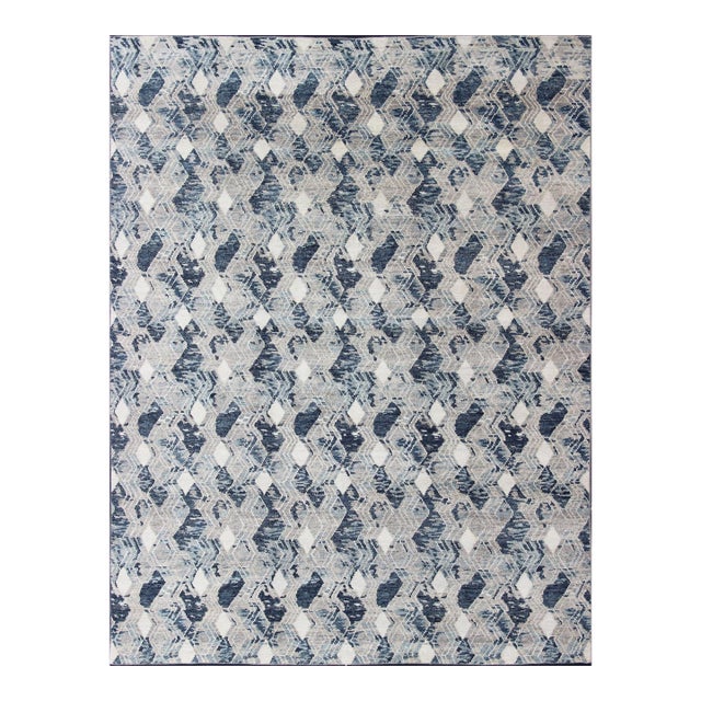 Large Modern Rug in Blue, Gray, and White 12'1 X 14'11 For Sale