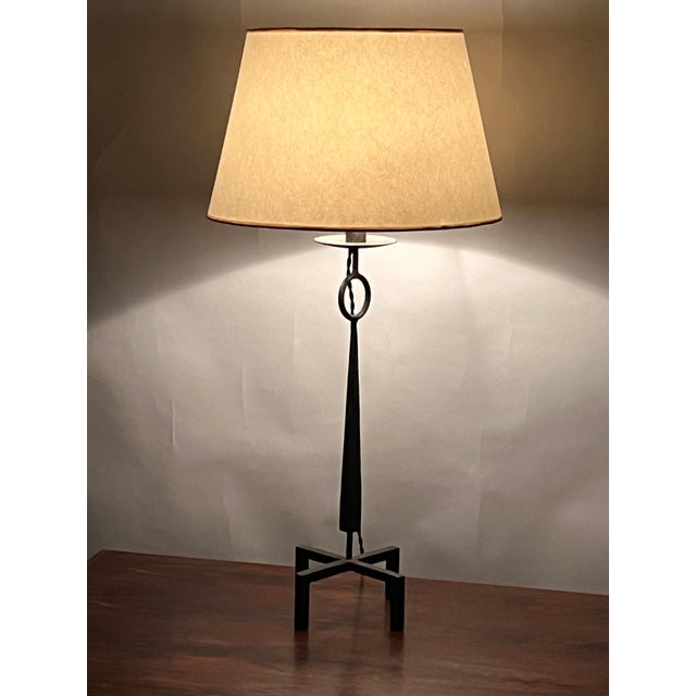 Black Mid 20th Century Tall Patinated Wrought Iron Table Lamp With Custom Parchment Shade For Sale - Image 8 of 9