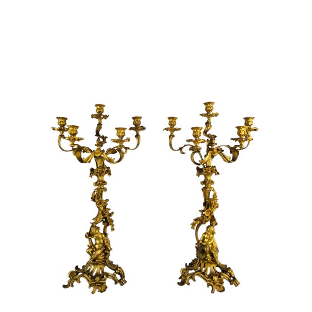 Rococo Gilt Bronze and Brass 5-Light Candelabras with Putti, Set of 2 For Sale - Image 10 of 10