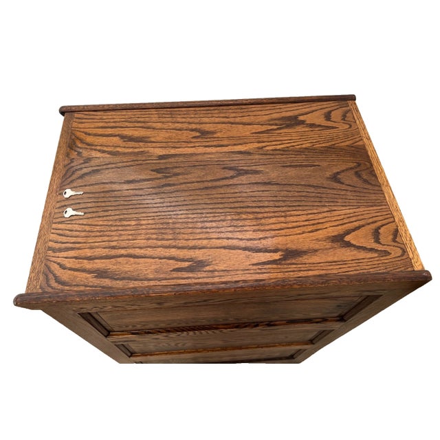 Wood Vintage Tiger Oak File Cabinet Three Locking Drawers Paneled Sides Legal Size For Sale - Image 7 of 11