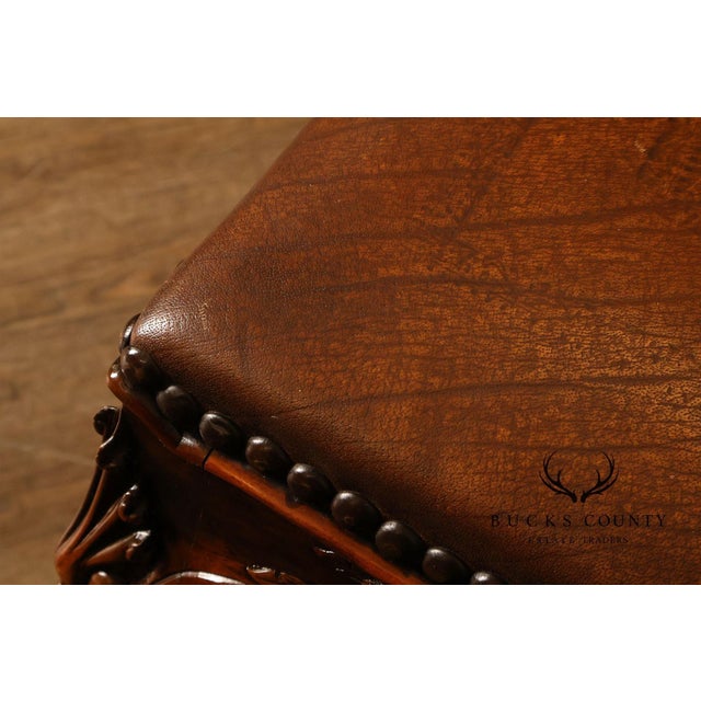 Rococo Rococo Style Leather Upholstered Carved Mahogany Window Bench For Sale - Image 3 of 18