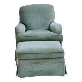 Late 20th Century English Arm Chair and Ottoman in Sage Green Velvet Chenille by Colony Interiors For Sale