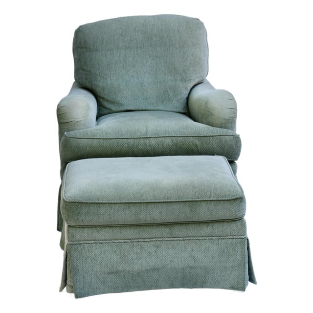 Late 20th Century English Arm Chair and Ottoman in Sage Green Velvet Chenille by Colony Interiors For Sale