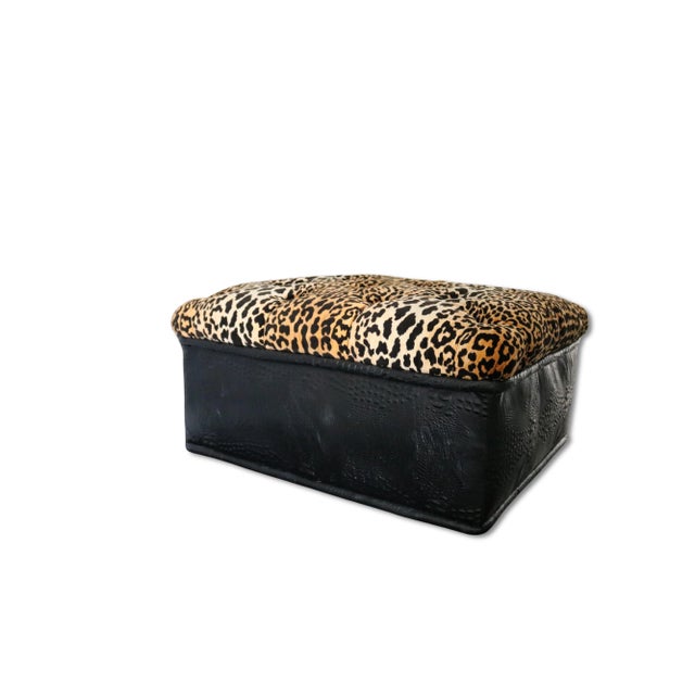 Vintage Hollywood Regency Style Leopard Velvet Ottoman For Sale - Image 4 of 13
