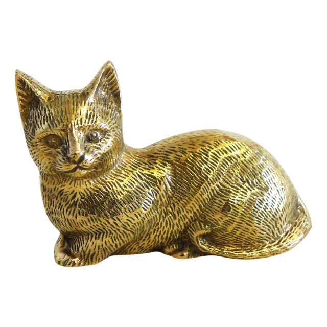 Lying Cat Figurine in Gilded Brass, 1970s For Sale
