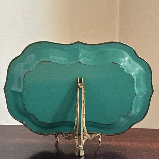 Early-20th Century Hand-Painted Teal & Gold Tole Serving Tray For Sale - Image 15 of 17