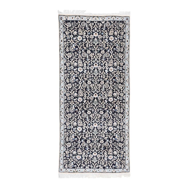 Navy Blue Fine Hand Knotted Silk & Wool Nain Rug For Sale