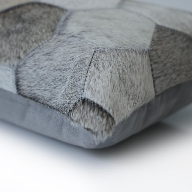 Luxury Gray Cowhide Leather Throw Pillow 16x24 | Handmade Hexagon Patchwork Designer Lumbar Cushion For Sale In San Francisco - Image 6 of 8