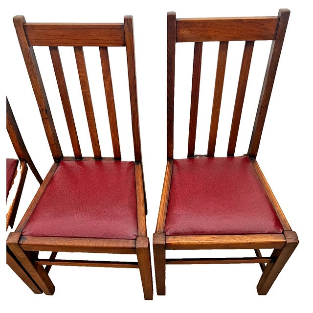 Antique Craftsman Chairs Set of Four, Spindle Back Solid Oak, Maroon Vinyl Seats For Sale In Palm Springs - Image 6 of 10
