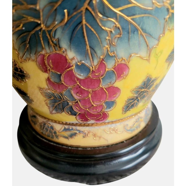 1980s Vintage Gold Inlay Berry Leaf Yellow Pink Chinoiserie Regency Table Lamps- A Pair For Sale - Image 5 of 8