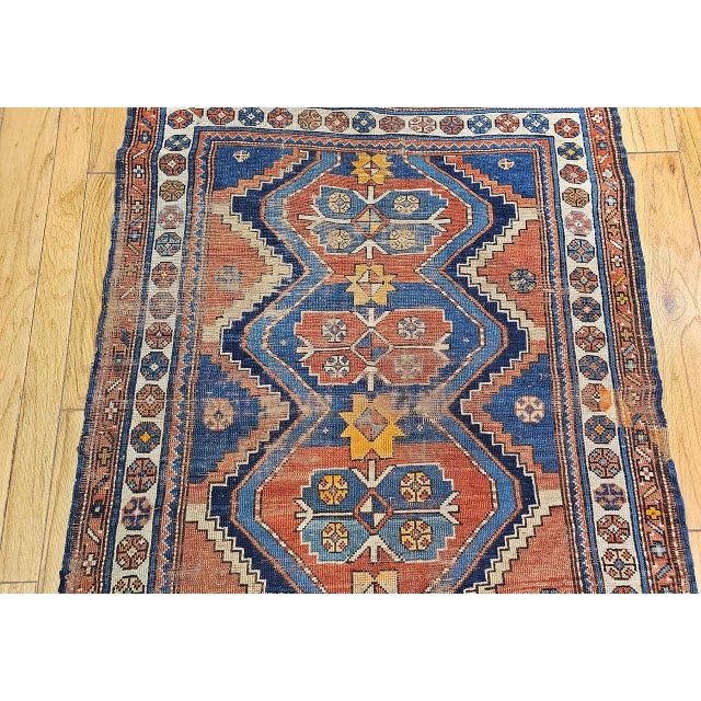 Textile Vintage Persian Kurdish Tribal Rug, Hand-Knotted Wool, Geometric Pattern, Blue & Rust-Red, 4x8 For Sale - Image 7 of 14