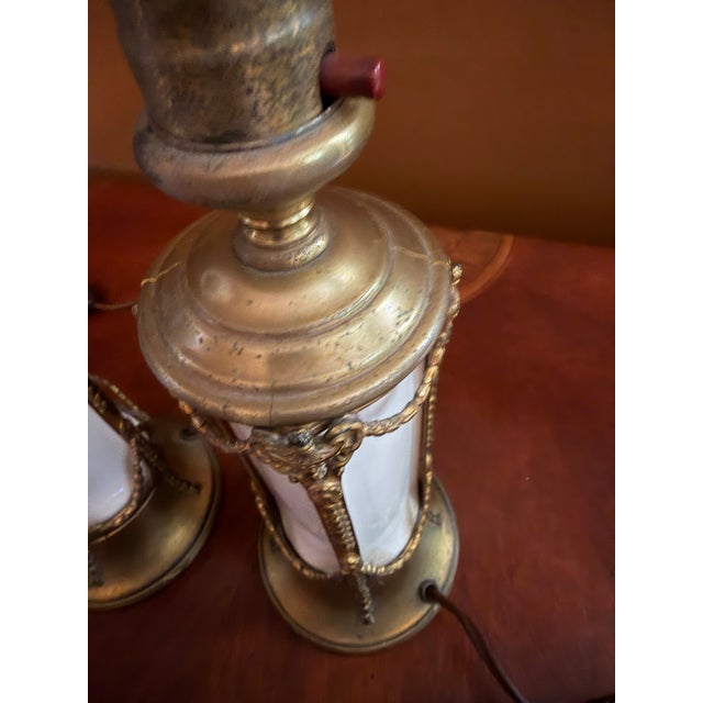 Pair of Vintage French Empire Brass & Milk Glass Table Lamps 12" X 4.5" Ca. 1950 For Sale - Image 15 of 18