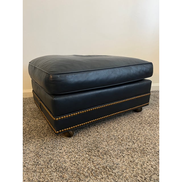 Wood Hancock & Moore Blue Royal Leather Wingback Chair With Ottoman For Sale - Image 7 of 9