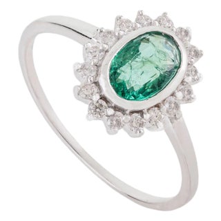 Natural Emerald Diamond Halo Art Deco Ring Size 5.5 in 14k White Gold For Sale