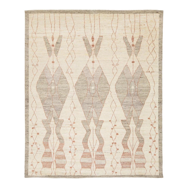 Hand-Knotted Modern Moroccan Tribal Wool Rug – Earthy Geometric Tones For Sale