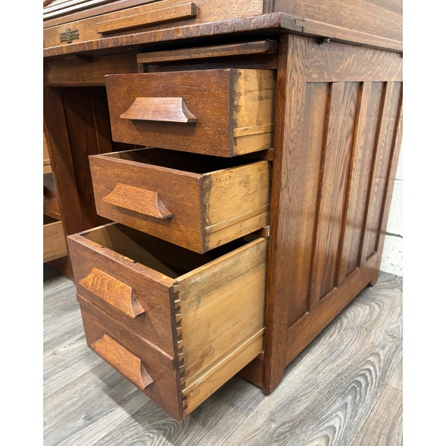 Brown Antique American Mission Arts and Crafts Quarter Sawn White Oak Roll Top Desk For Sale - Image 8 of 14