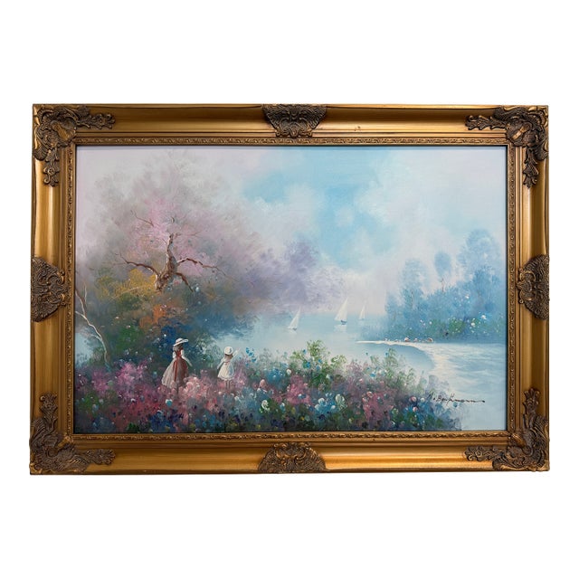 Late 20th Century Large Impressionist Landscape Oil Painting Signed Bachmann Lakeside Garden For Sale