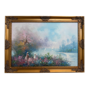 Late 20th Century Large Impressionist Landscape Oil Painting Signed Bachmann Lakeside Garden