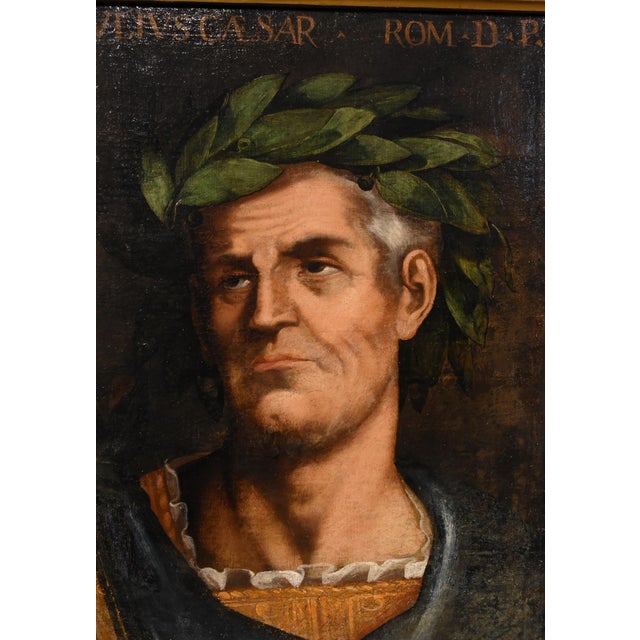 Follower of Tiziano Vecellio, Portraits of Julius Caesar & Octavian, 1700, Oil on Canvases, Framed, Set of 2 For Sale - Image 12 of 18