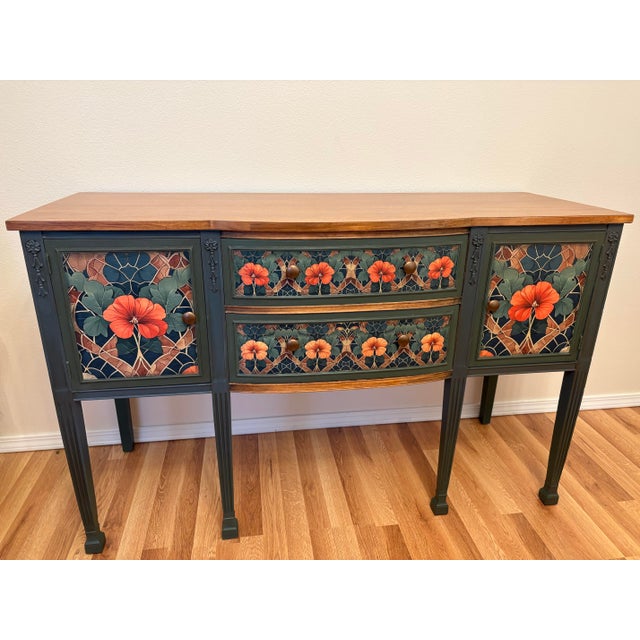 Vintage Mahogany Painted Credenza Featuring "Poppies" For Sale - Image 10 of 12