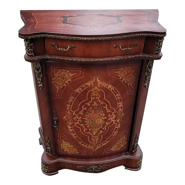 French Continental Mahogany Marquetry and Metal Decorated Side Console Cabinet For Sale