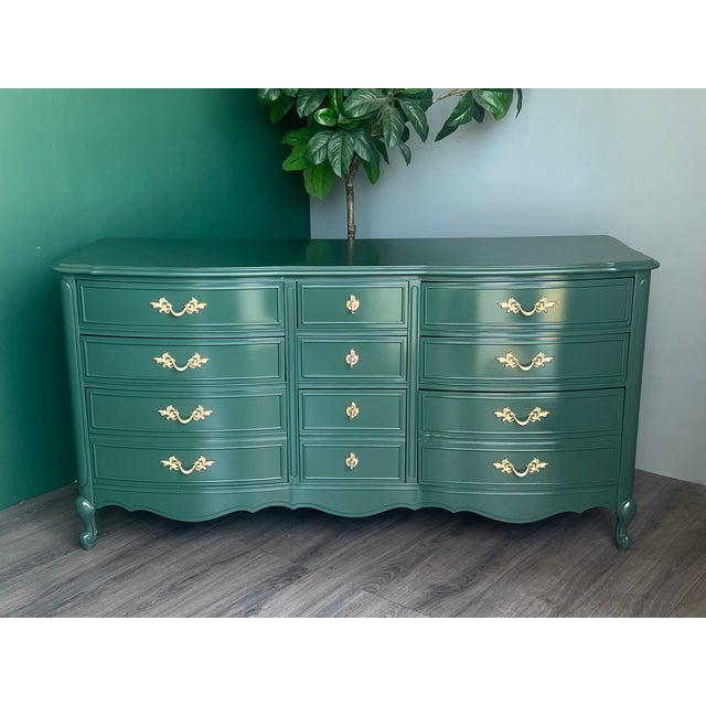 1970's French Provincial Dixie Dresser of Nine Drawers This dresser is newly refinished in high gloss green Lacquer with...