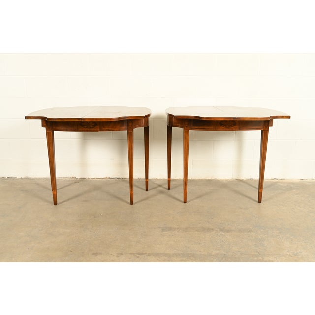 1980s Baker Furniture Federal Inlaid Mahogany Flip-Top Consoles or Game Tables, Pair For Sale - Image 5 of 14
