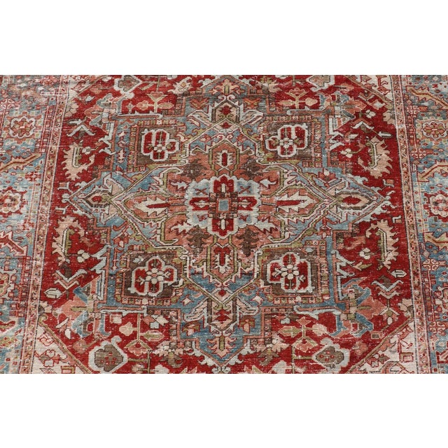 Red Early 20th Century Antique Persian Heriz Rug With Geometric Medallion Design in Red & Soft Colors For Sale - Image 8 of 12