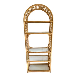 Boho Chic Mid Century Vintage Bamboo 5 Tier Glass Shelf / Etagere For Sale