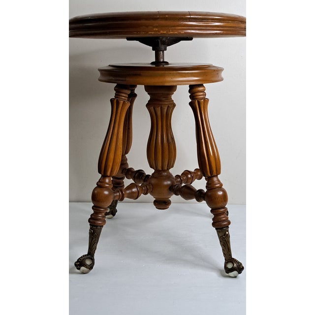 Brown Antique H. Holtzman & Sons Victorian Adjustable Swivel Piano Stool With Glass Ball Claw Feet For Sale - Image 8 of 17