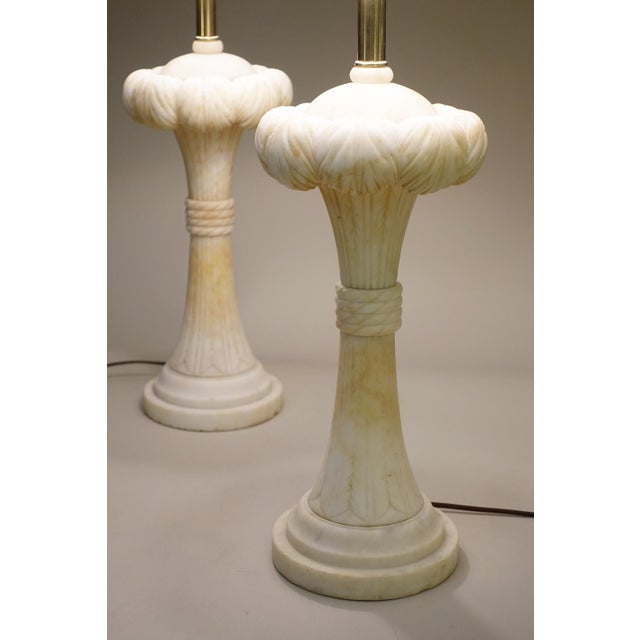 1940s Dorothy Draper Hollywood Regency Modern Solid Marble Palm Column Table Lamps - a Pair For Sale In Los Angeles - Image 6 of 11