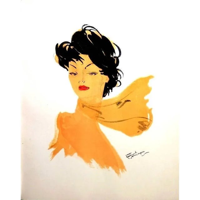 Domergue - Dark Hair Lady with a Scarf - Original Signed Lithograph 1956 For Sale - Image 4 of 4