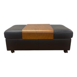 Ekornes Stressless Black Leather Double Ottoman With Table For Sale