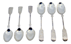 Silver Coffee Spoons and Sugar Shovel with Raised Handles, Set of 6