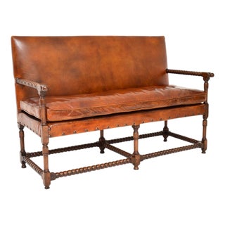 Antique Leather and Carved Oak Bobbin Sofa, 1890 For Sale