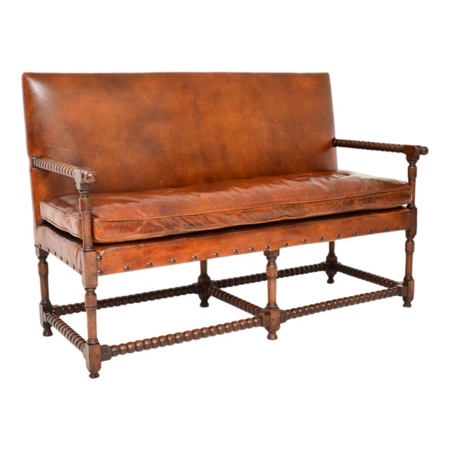 Antique Leather and Carved Oak Bobbin Sofa, 1890 For Sale