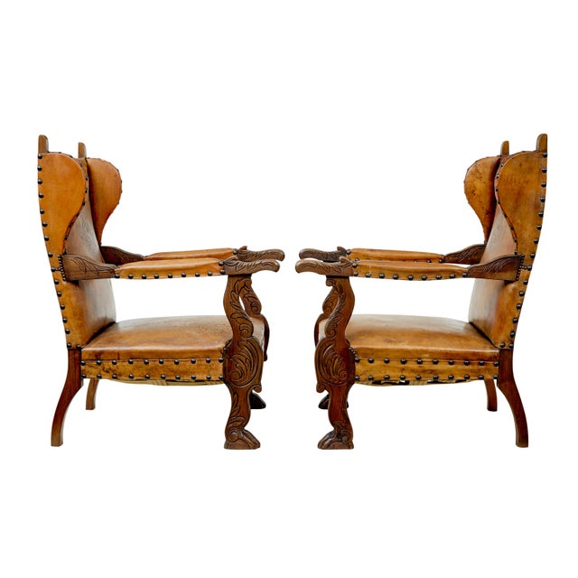 19th Century Oak and Embossed Leather Armchairs, Set of 2 For Sale - Image 3 of 11