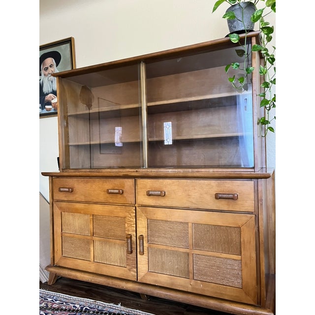 Wood 1958 Northwest Chair Company 8 Piece Solid Maple and Rattan Glass Front Hutch For Sale - Image 7 of 11