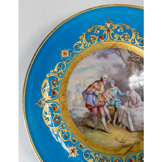 French 18th Century French Sevres Vincennes Bleu Celeste Plate With Courting Scene For Sale - Image 3 of 18