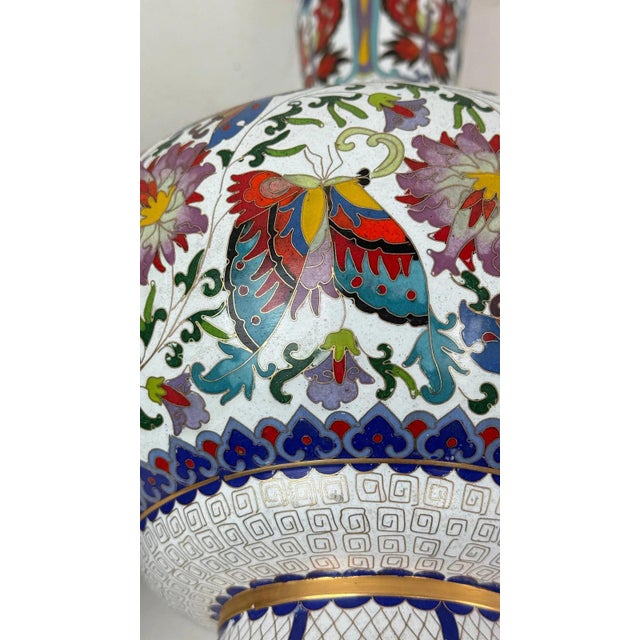 Pair of Chinese Cloisonne Enamel Vases Lotus White and Floral Butterflies For Sale - Image 10 of 10
