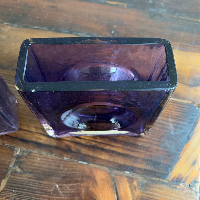 Glass A Pair Blenko Amethyst Glass Block Vases, Circa 1960s - Vintage Blenko Amethyst Glass #6944 Cube Vases Brutalist Style Vases by Joel Philip Myers For Sale - Image 7 of 10