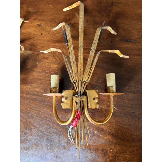 Hollywood Regency 1950s Hollywood Regency Gilt Cattail Sconces, Pair For Sale - Image 4 of 7